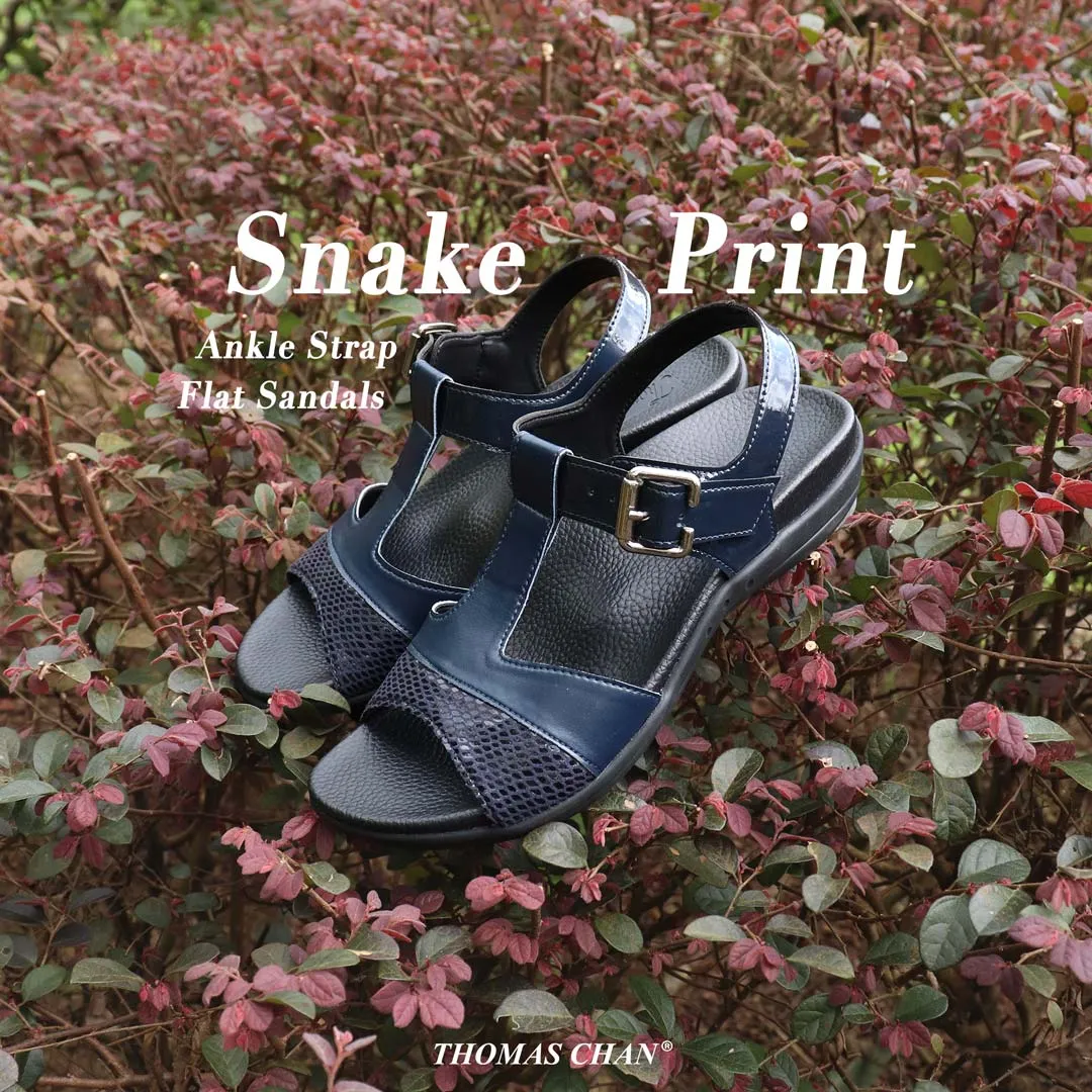 [20% off at cart] Snake Print Ankle Strap Flat Sandals