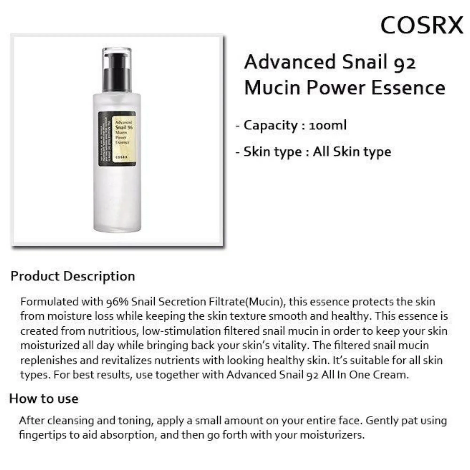 Advanced Snail 96 Mucin Power Essence , 3.38 fl oz (100 ml)