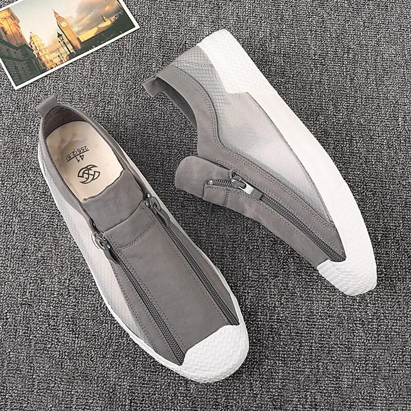 Advbridge Summer Mens Vulcanize Shoes Fashion Canvas Sneakers Side Zipper Men Casual Shoes Light Breathable Outdoor Driving flat Loafers