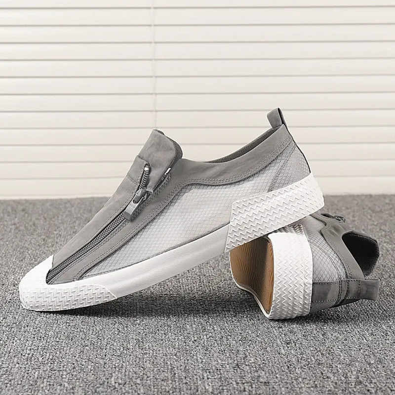 Advbridge Summer Mens Vulcanize Shoes Fashion Canvas Sneakers Side Zipper Men Casual Shoes Light Breathable Outdoor Driving flat Loafers