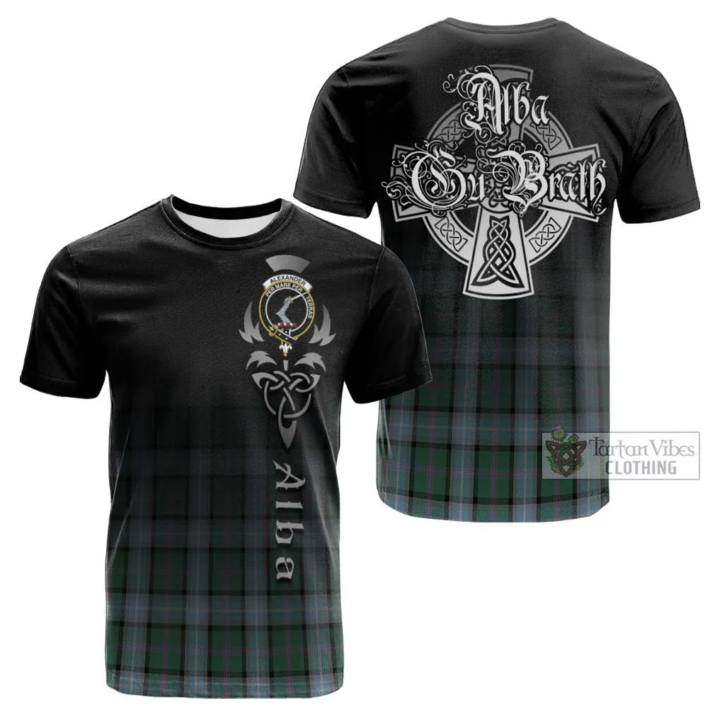 Alexander of Menstry Hunting Tartan Cotton T-shirt Featuring Alba Gu Brath Family Crest Celtic Inspired