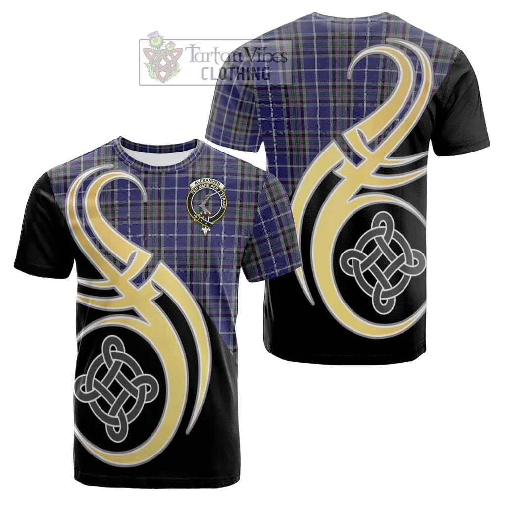 Alexander of Menstry Tartan Cotton T-shirt with Family Crest and Celtic Symbol Style