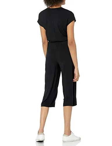 Amazon Essentials Women's Short-Sleeve Surplice Cropped Wide-Leg Jumpsuit, Black, X-Small