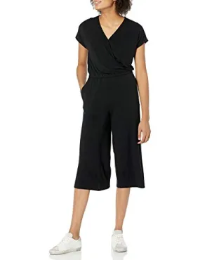 Amazon Essentials Women's Short-Sleeve Surplice Cropped Wide-Leg Jumpsuit, Black, X-Small