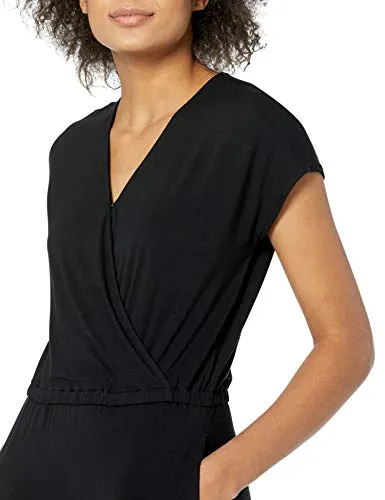 Amazon Essentials Women's Short-Sleeve Surplice Cropped Wide-Leg Jumpsuit, Black, X-Small