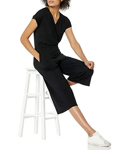 Amazon Essentials Women's Short-Sleeve Surplice Cropped Wide-Leg Jumpsuit, Black, X-Small