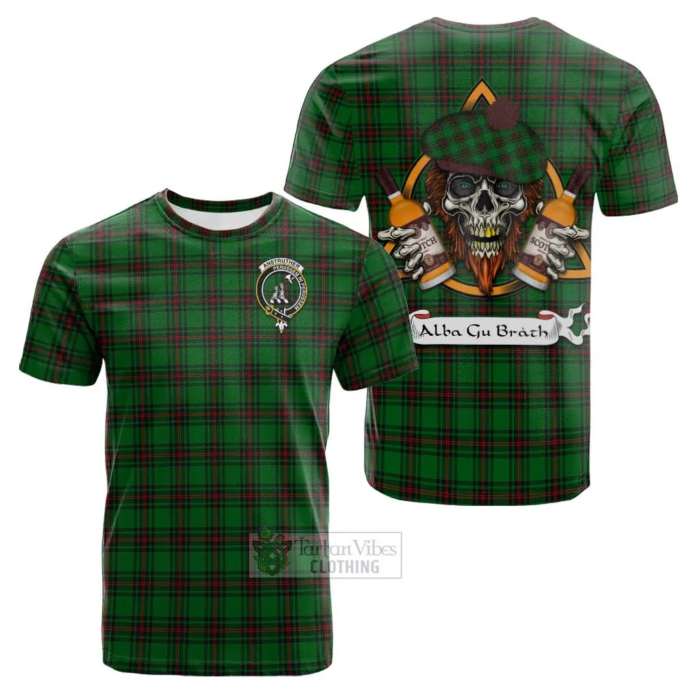 Anstruther Tartan Cotton T-shirt with Family Crest and Bearded Skull Holding Bottles of Whiskey