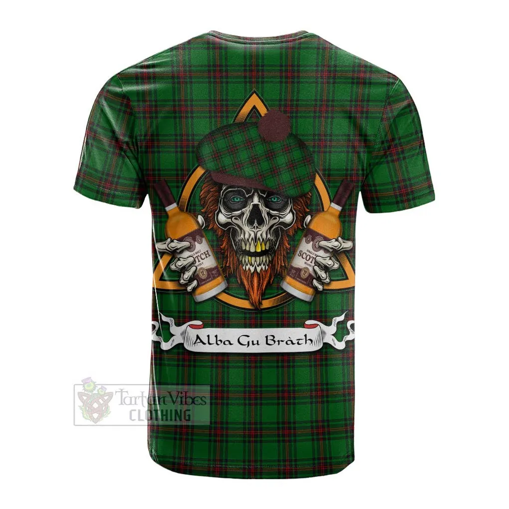 Anstruther Tartan Cotton T-shirt with Family Crest and Bearded Skull Holding Bottles of Whiskey