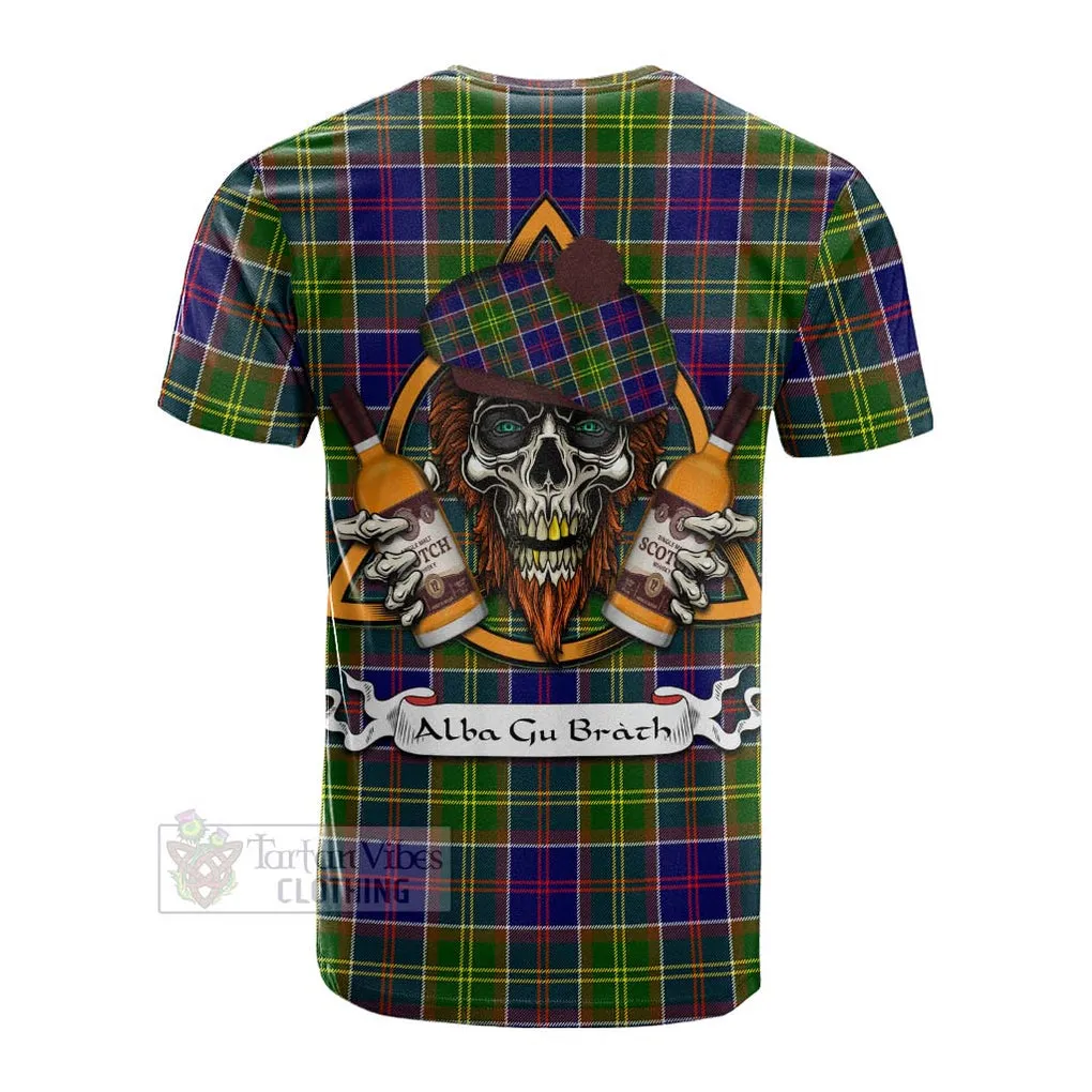 Arnott Tartan Cotton T-shirt with Family Crest and Bearded Skull Holding Bottles of Whiskey