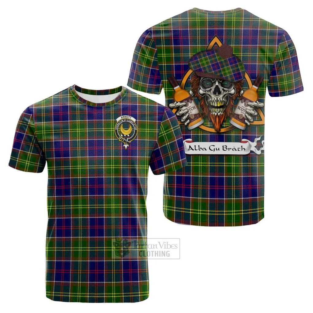 Arnott Tartan Cotton T-shirt with Family Crest and Bearded Skull Holding Bottles of Whiskey