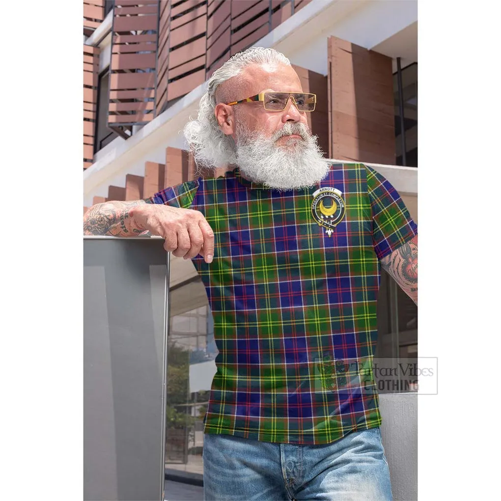 Arnott Tartan Cotton T-shirt with Family Crest and Bearded Skull Holding Bottles of Whiskey