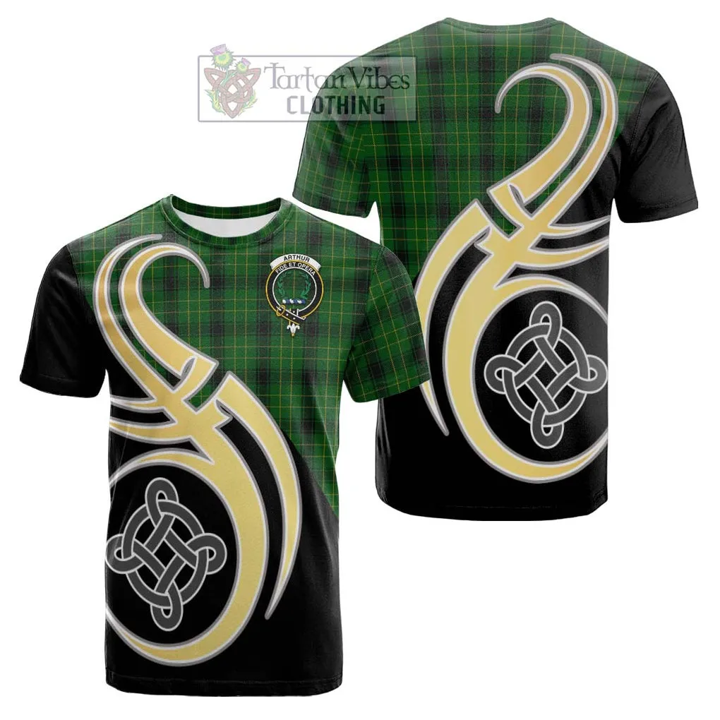 Arthur Highland Tartan Cotton T-shirt with Family Crest and Celtic Symbol Style