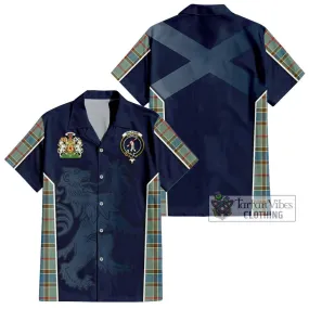 Balfour Blue Tartan Short Sleeve Button Shirt with Family Crest and Lion Rampant Vibes Sport Style