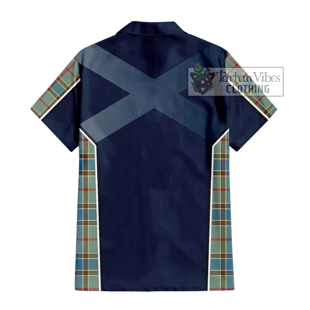 Balfour Blue Tartan Short Sleeve Button Shirt with Family Crest and Lion Rampant Vibes Sport Style