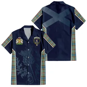 Balfour Blue Tartan Short Sleeve Button Up Shirt with Family Crest and Scottish Thistle Vibes Sport Style