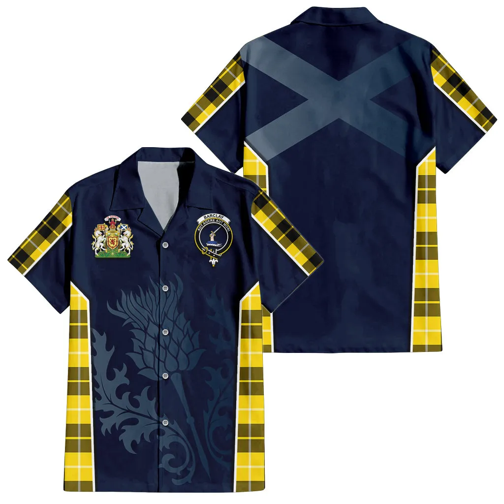 Barclay Dress Modern Tartan Short Sleeve Button Up Shirt with Family Crest and Scottish Thistle Vibes Sport Style