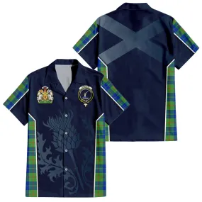 Barclay Hunting Ancient Tartan Short Sleeve Button Up Shirt with Family Crest and Scottish Thistle Vibes Sport Style