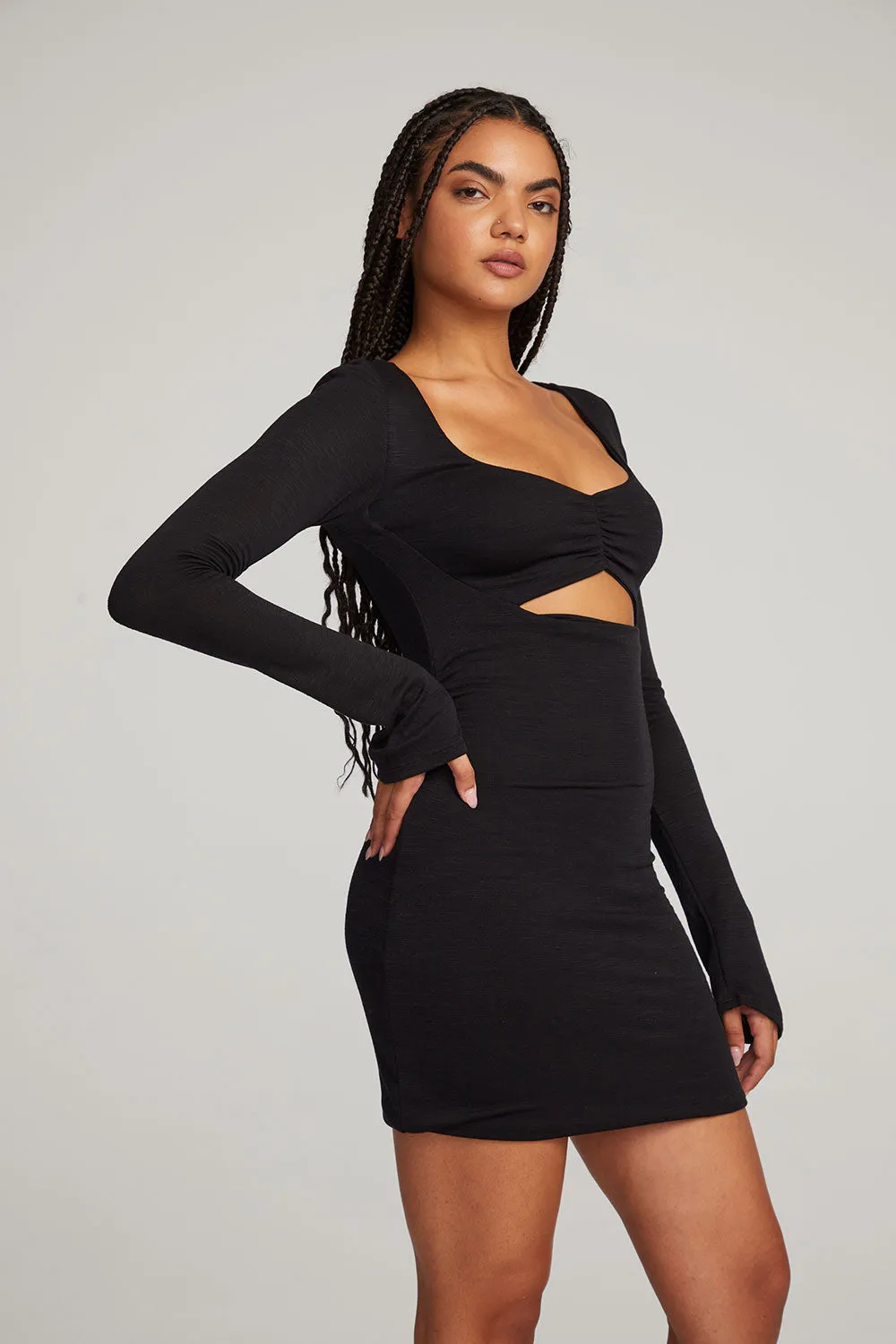 Black Licorice Mini Dress with Bay Leaf Detail