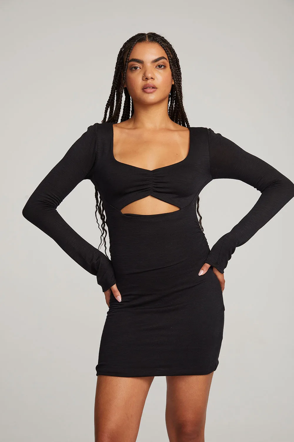 Black Licorice Mini Dress with Bay Leaf Detail