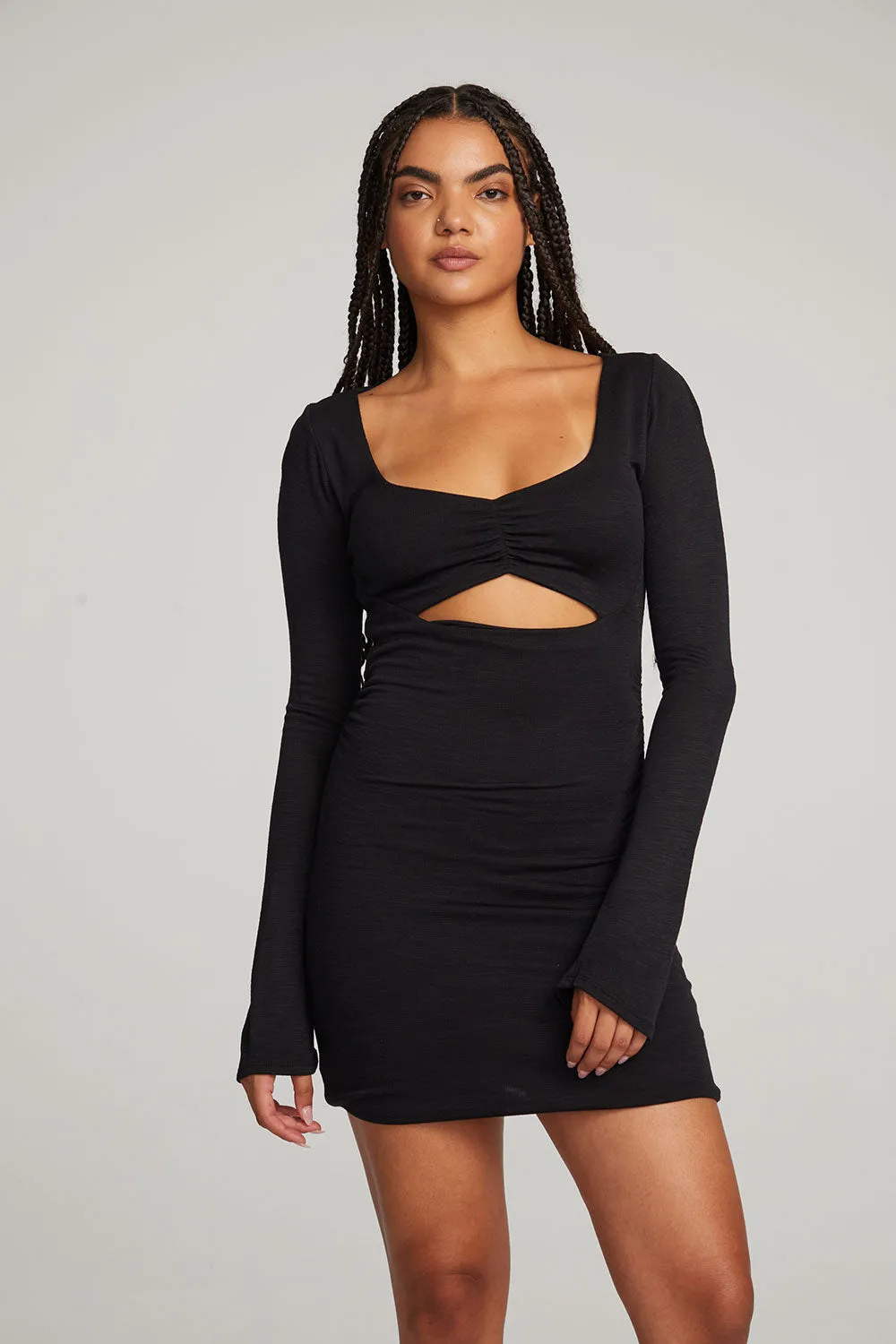 Black Licorice Mini Dress with Bay Leaf Detail