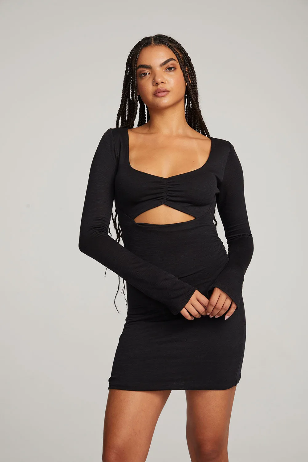 Black Licorice Mini Dress with Bay Leaf Detail