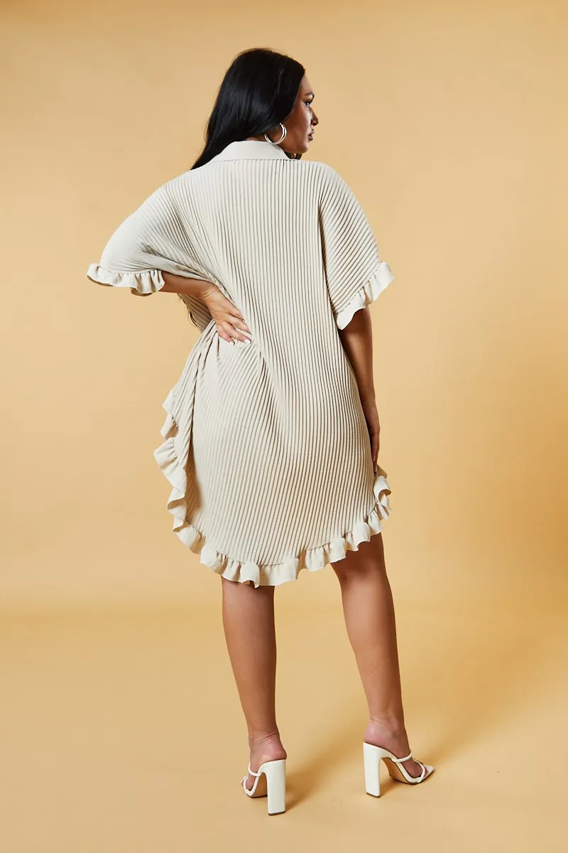 Beige Pleat Detail Frill Sleeve Oversized Dress - Sana