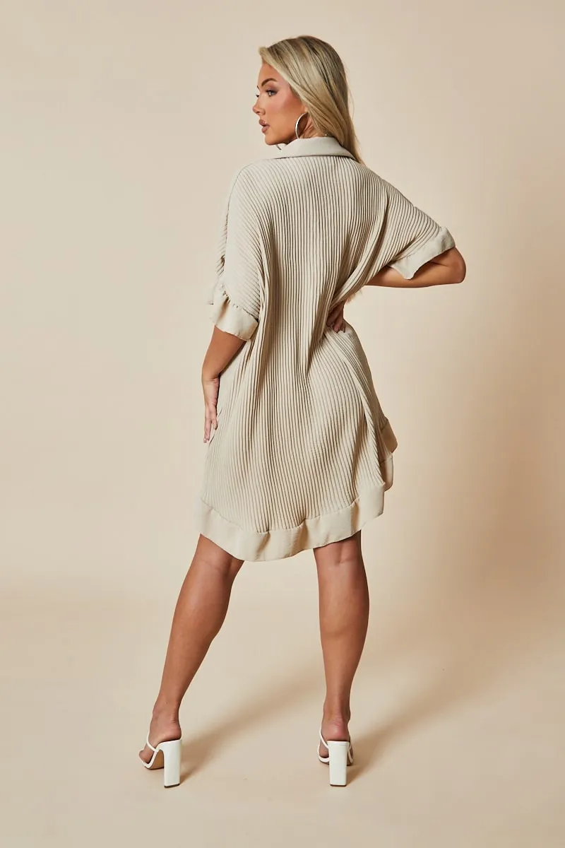 Beige Plisse Detail Frill Hem Oversized Dress - Sakura