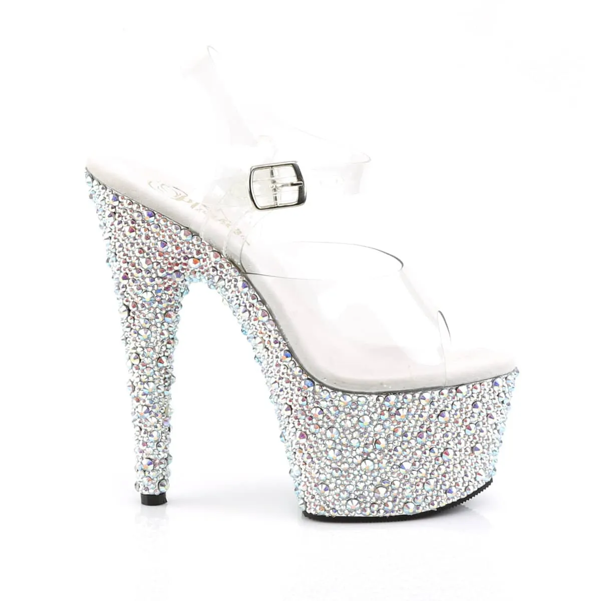 BEJEWELED-708MS Clear & Silver Ankle Peep Toe High Heel