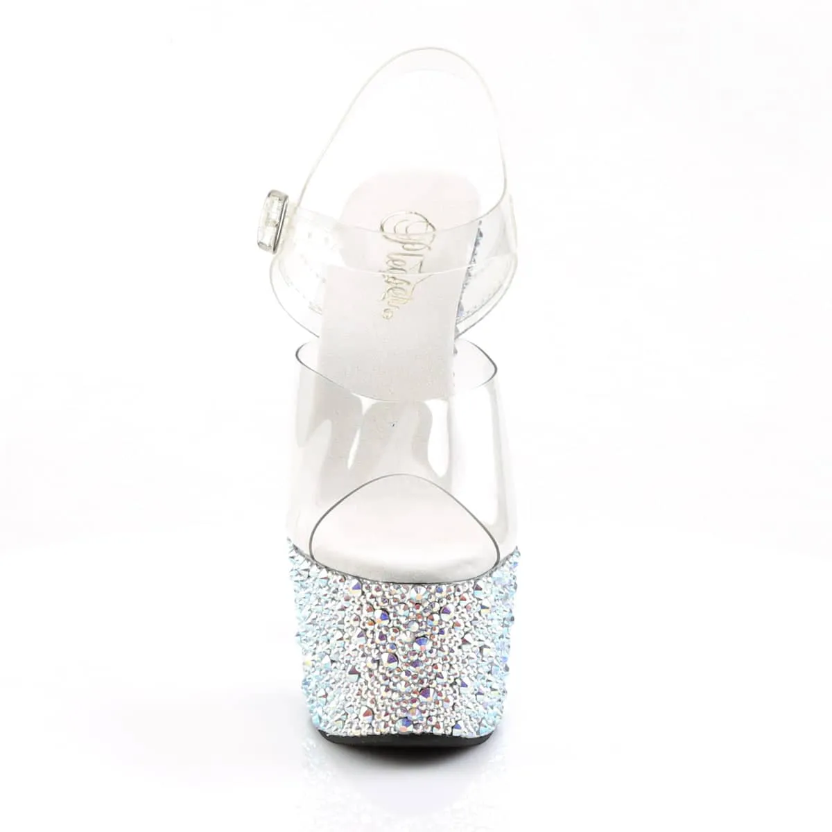 BEJEWELED-708MS Clear & Silver Ankle Peep Toe High Heel