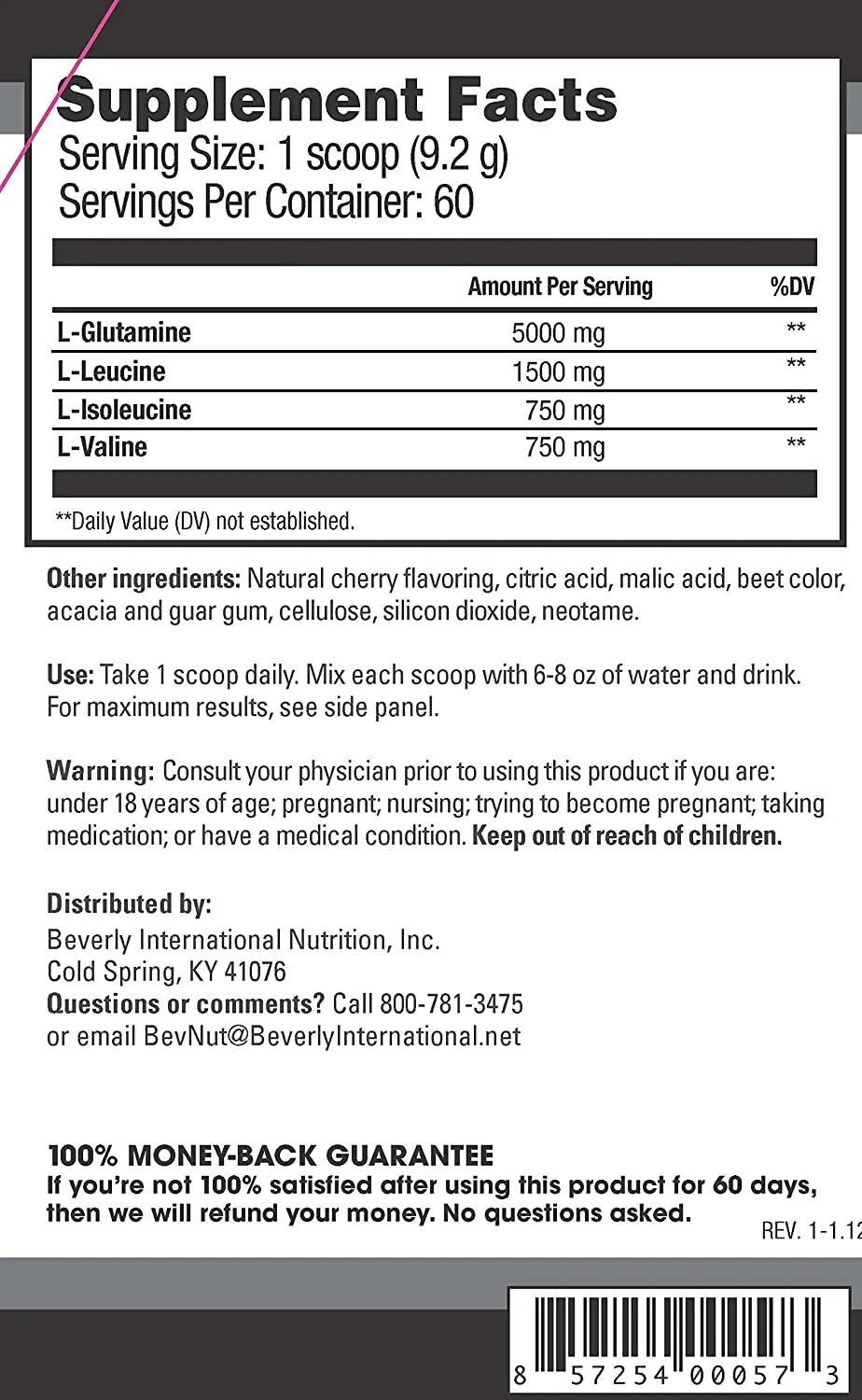 Beverly International Glutamine Select, 60 Servings. Clinically Dosed L-Glutamine and Amino Acid Formula for Lean Muscle and Recovery. Sugar-Free Powder. BCAA’s. (BLACK CHERRY)