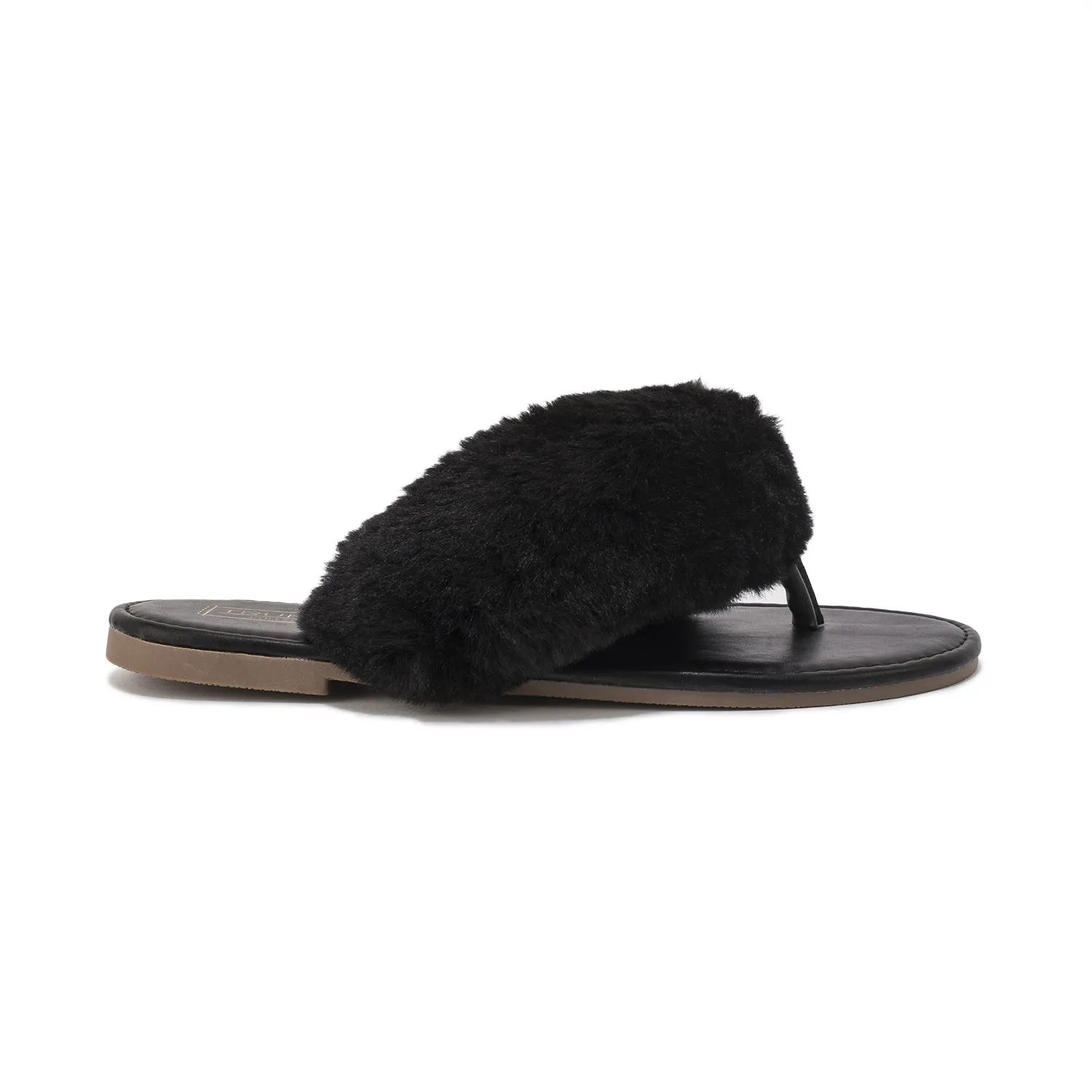 Black Fur Flat Toe Thong Sandal