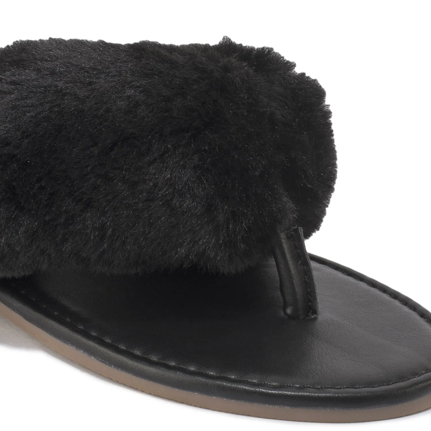 Black Fur Flat Toe Thong Sandal