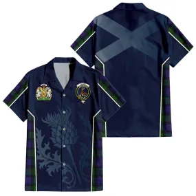 Blair Tartan Short Sleeve Button Up Shirt with Family Crest and Scottish Thistle Vibes Sport Style