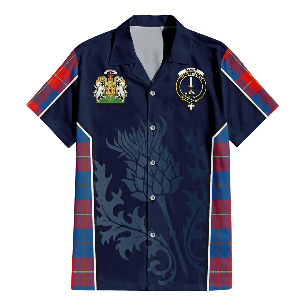 Blane Tartan Short Sleeve Button Up Shirt with Family Crest and Scottish Thistle Vibes Sport Style