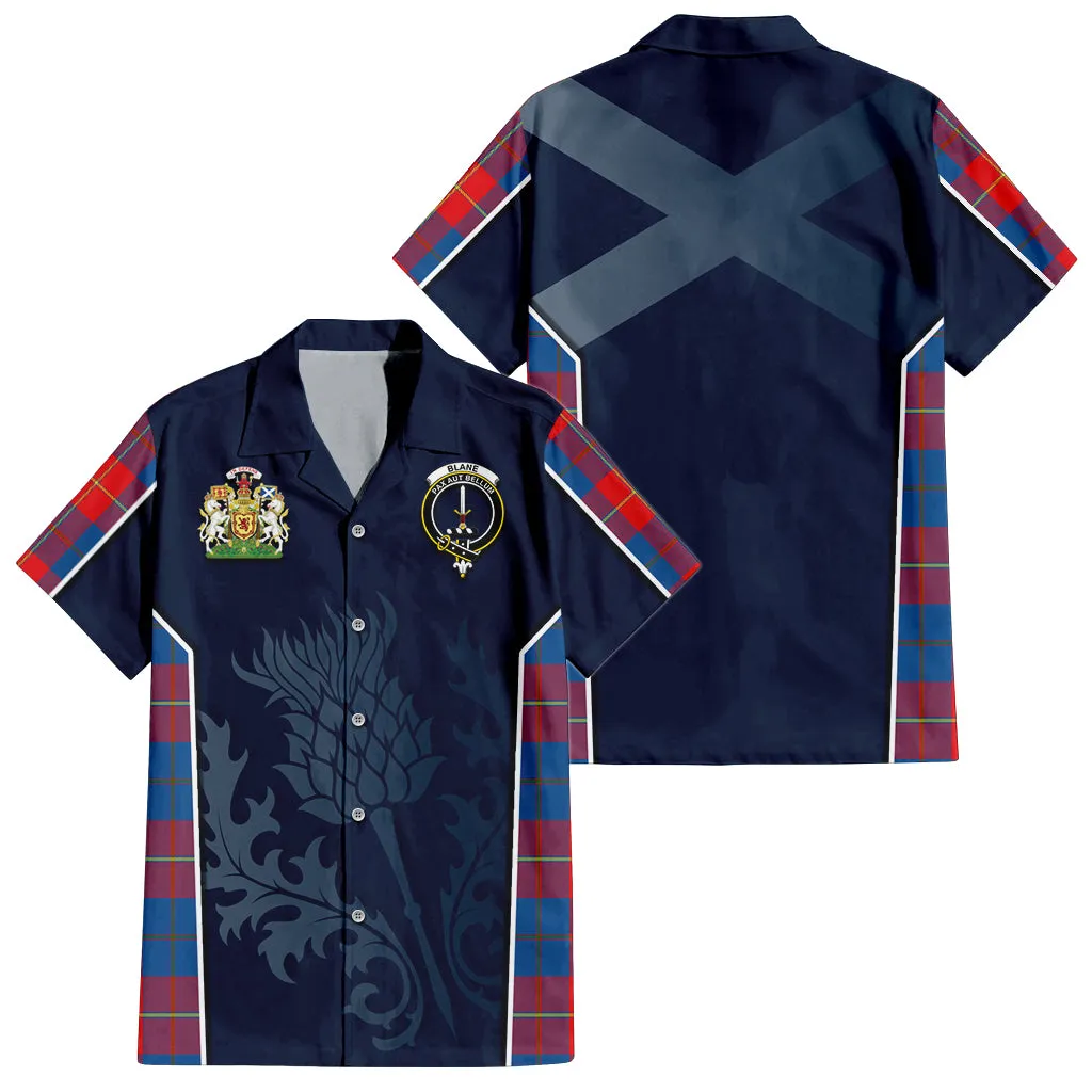 Blane Tartan Short Sleeve Button Up Shirt with Family Crest and Scottish Thistle Vibes Sport Style