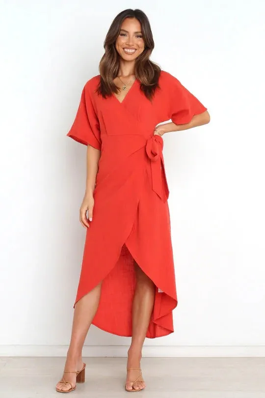 Bold Move Wrap Midi Dress - Red