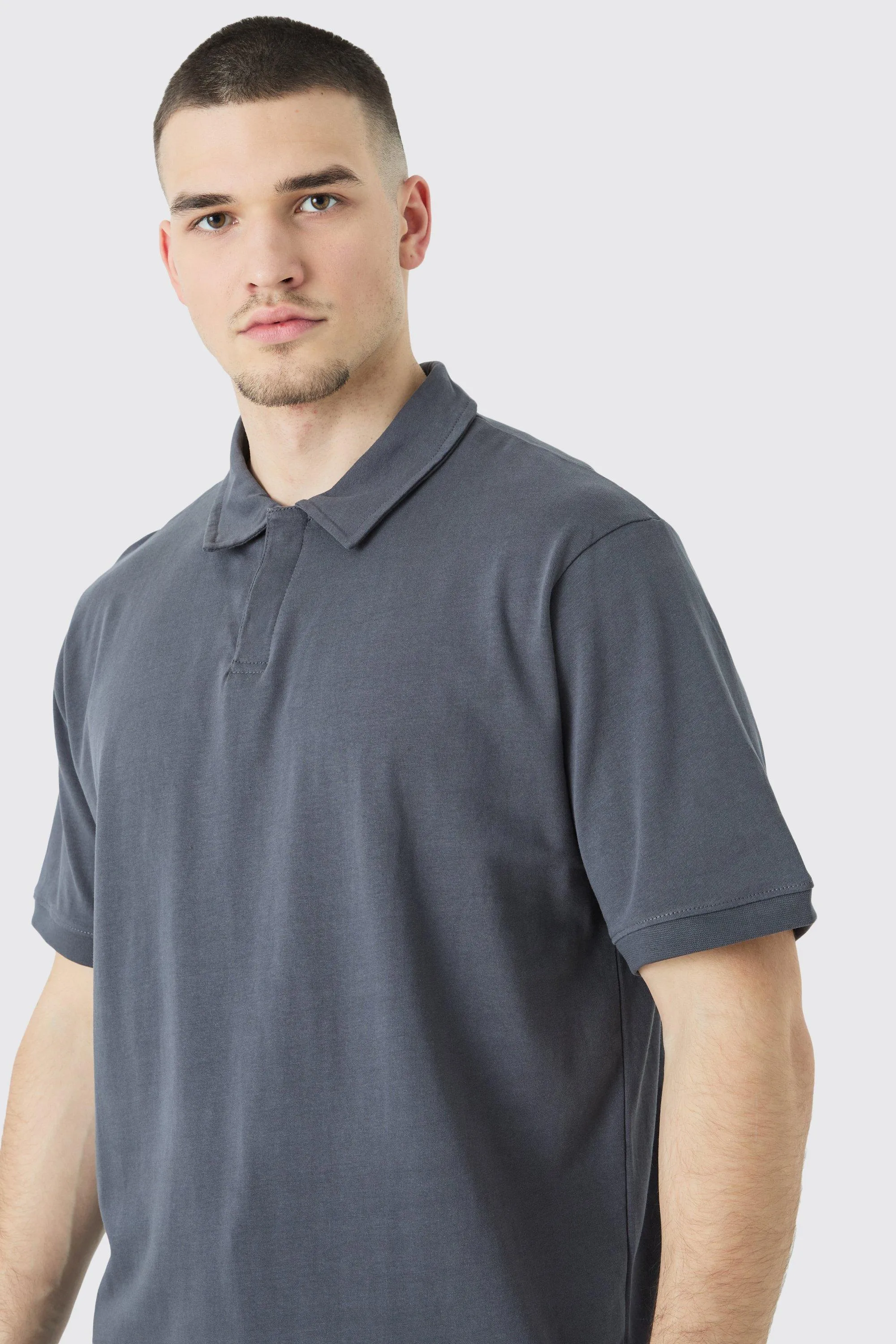 Boohoo Grey Tall Core Heavy Carded Button Up Mens Polo Shirt