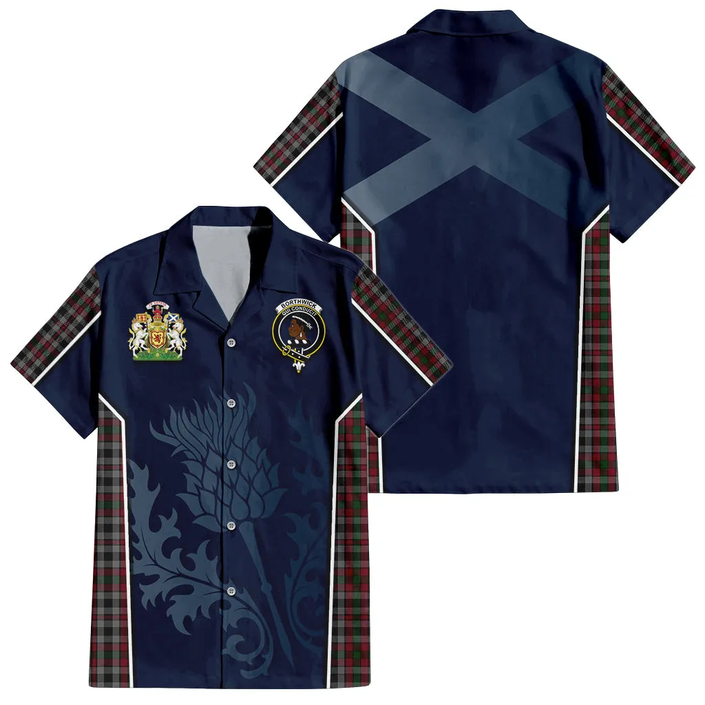 Borthwick Tartan Short Sleeve Button Up Shirt with Family Crest and Scottish Thistle Vibes Sport Style