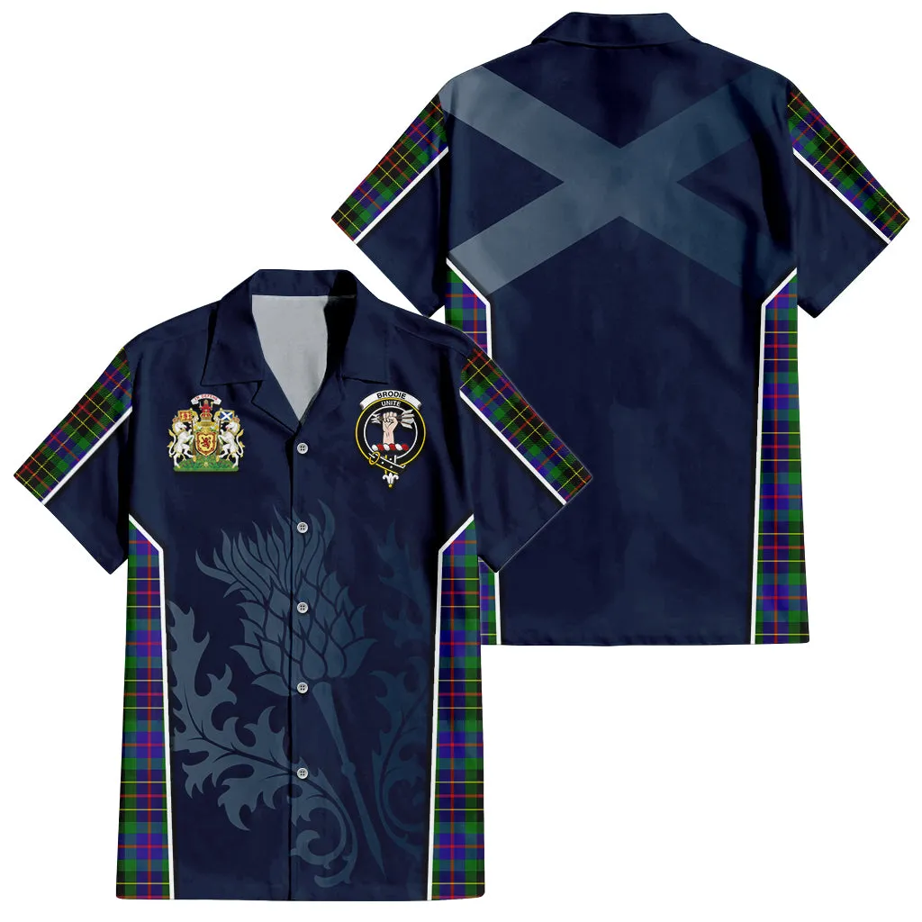 Brodie Hunting Modern Tartan Short Sleeve Button Up Shirt with Family Crest and Scottish Thistle Vibes Sport Style