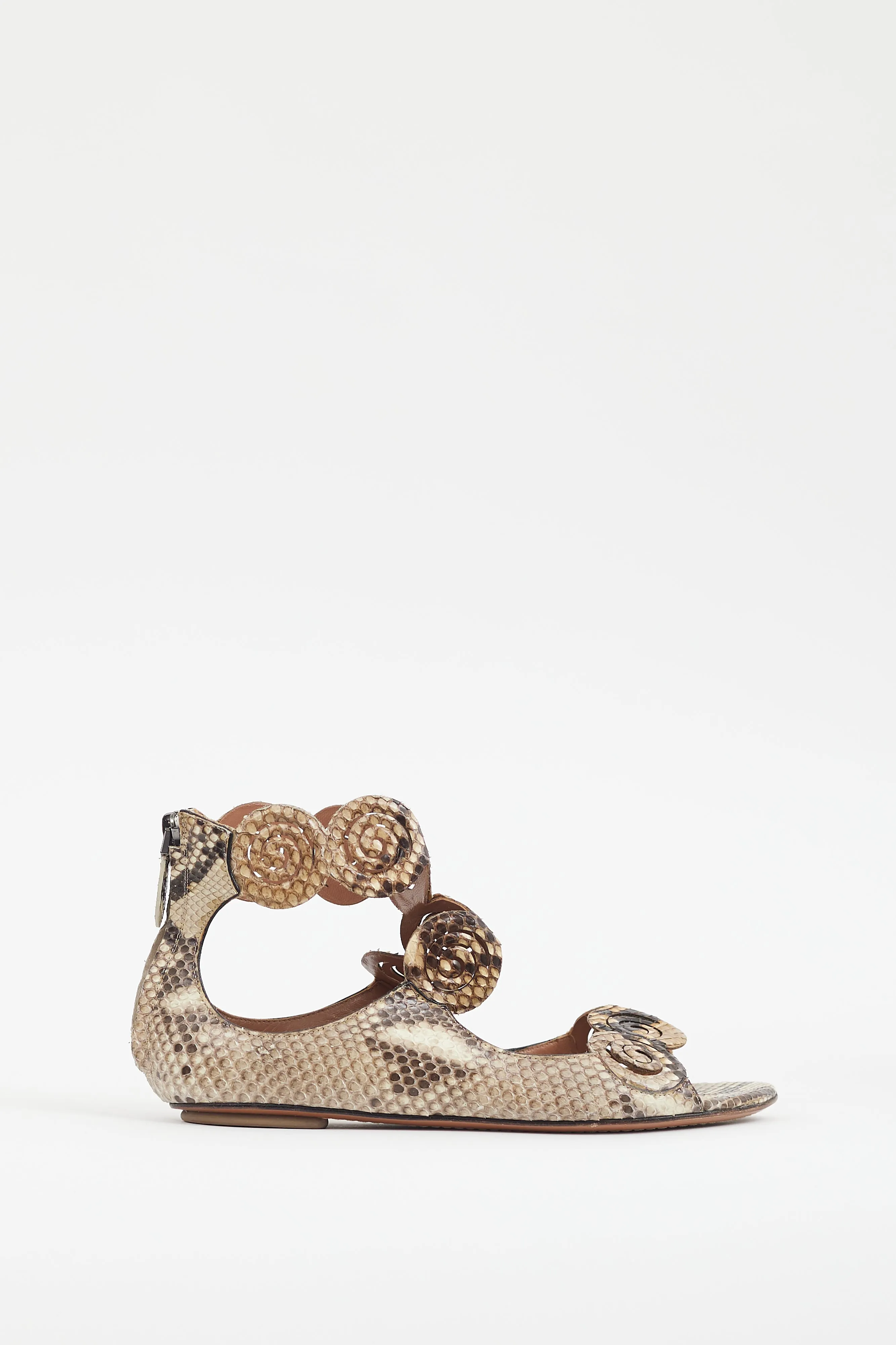 Brown Textured Peep Toe Ankle Strap Flat