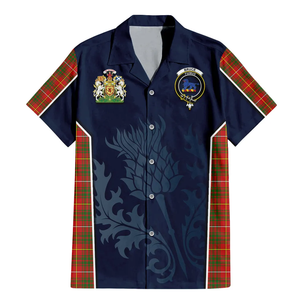 Bruce Modern Tartan Short Sleeve Button Up Shirt with Family Crest and Scottish Thistle Vibes Sport Style