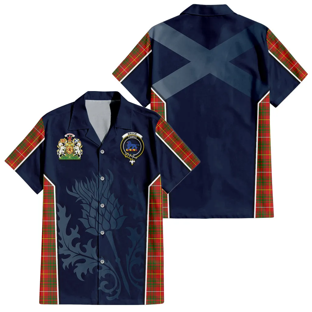 Bruce Modern Tartan Short Sleeve Button Up Shirt with Family Crest and Scottish Thistle Vibes Sport Style