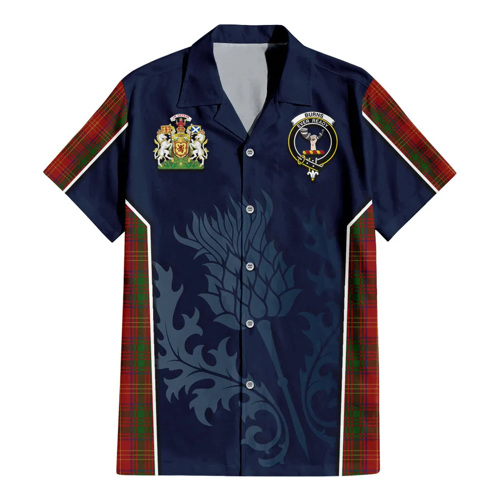 Burns Tartan Short Sleeve Button Up Shirt with Family Crest and Scottish Thistle Vibes Sport Style