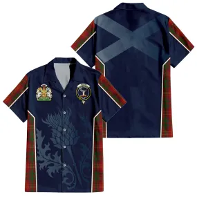 Burns Tartan Short Sleeve Button Up Shirt with Family Crest and Scottish Thistle Vibes Sport Style