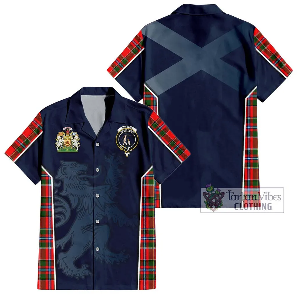 Butter Tartan Short Sleeve Button Shirt with Family Crest and Lion Rampant Vibes Sport Style