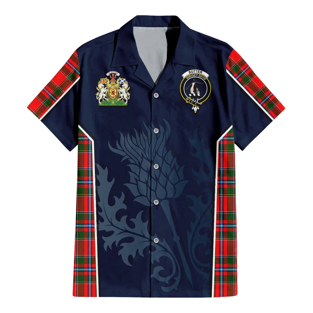 Butter Tartan Short Sleeve Button Up Shirt with Family Crest and Scottish Thistle Vibes Sport Style