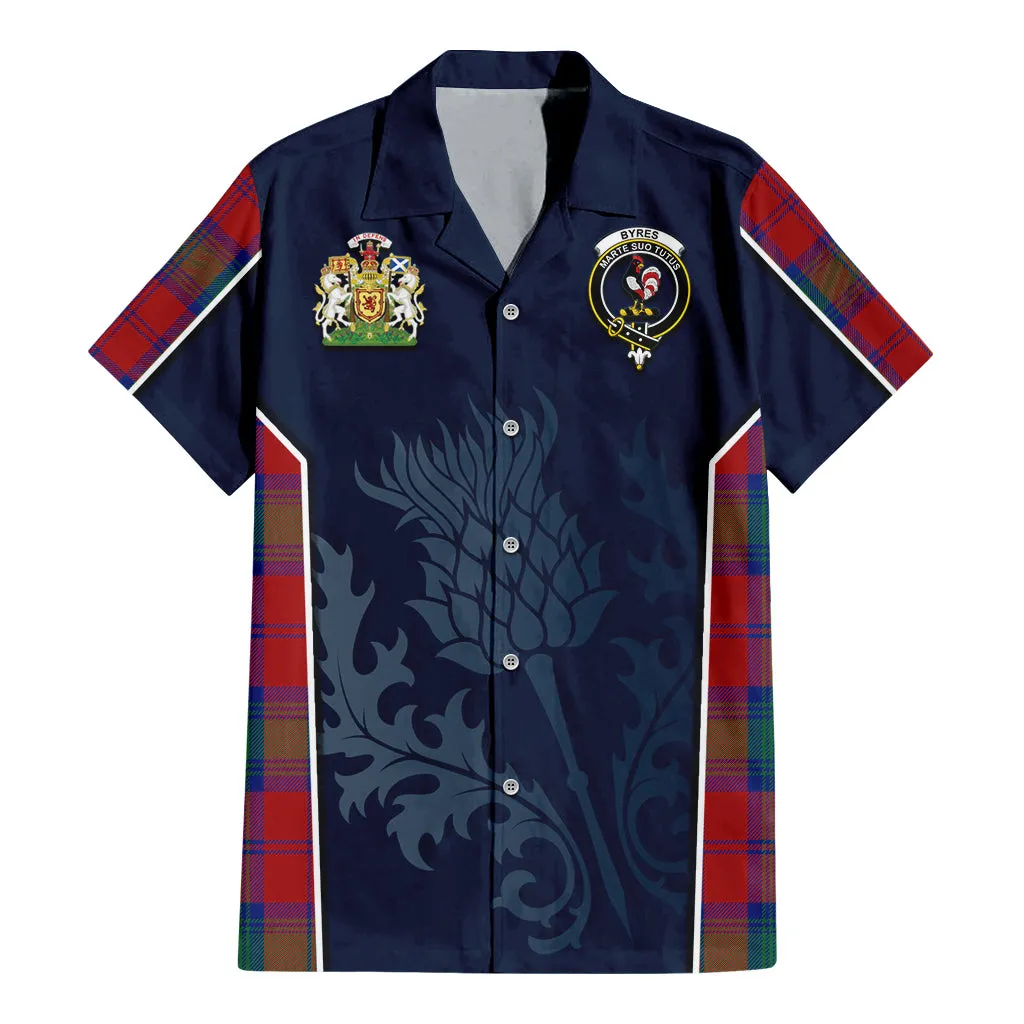 Byres (Byses) Tartan Short Sleeve Button Up Shirt with Family Crest and Scottish Thistle Vibes Sport Style