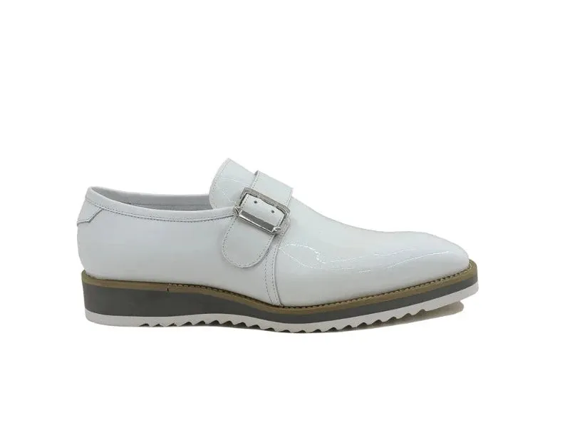 Carrucci White Men's Patent Leather Casual Shoe Monkstrap Sliver Buckle