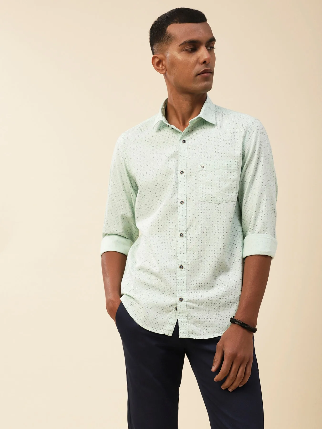 Cotton Mint Green Printed Full Sleeve Casual Shirt