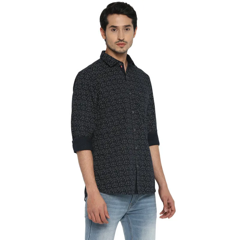 Cotton Navy Blue Slim Fit Printed Casual Shirt